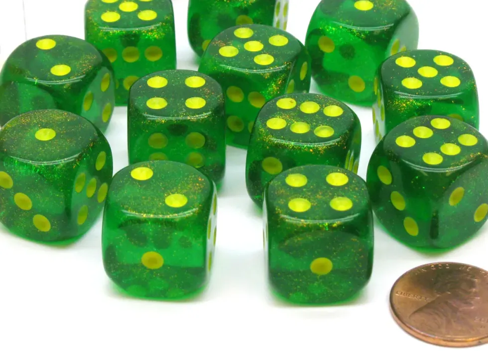 Kości Chessex - kostka k6 16mm Borealis Maple Green/yellow Luminary (świecąca w ciemnościach)