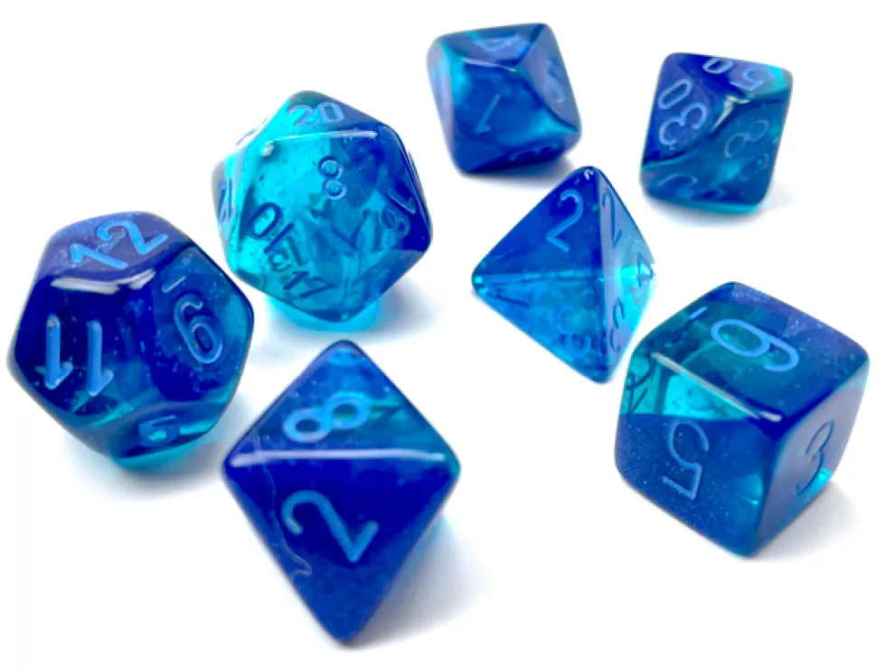 Kości Chessex - zestaw 7 kostek Gemini Blue-Blue/light blue (święcące w ciemnościach)