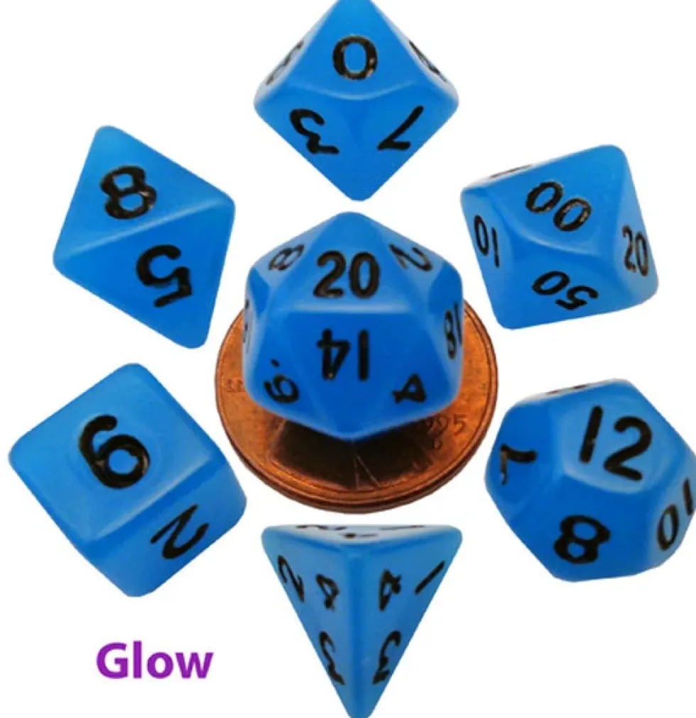 Kości Fanroll - zestaw 7 mini kostek Glow in the Dark - Purple with Black Numbers (10mm)