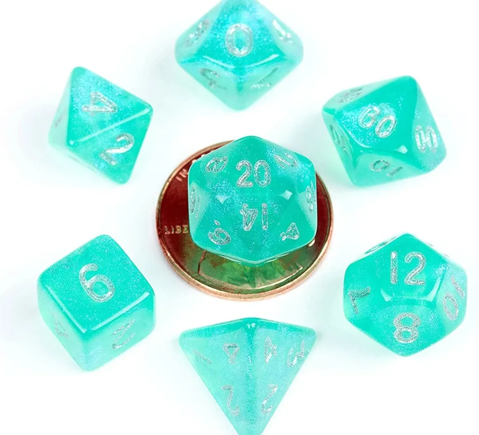 Kości Fanroll - zestaw 7 mini kostek Stardust Teal Turquoise with Silver Numbers (10mm)