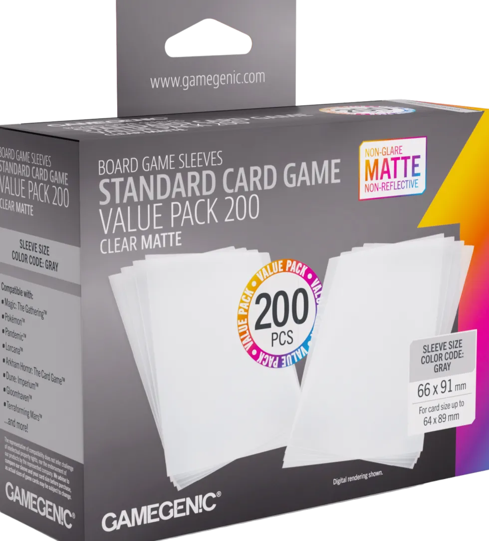 Koszulki na karty Gamegenic: Standard (66x91 mm) - Clear Matte - Value Pack, 200 sztuk