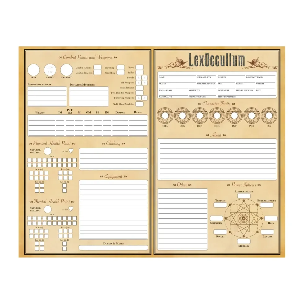 LexOccultum RPG: Character sheets (20 sztuk)