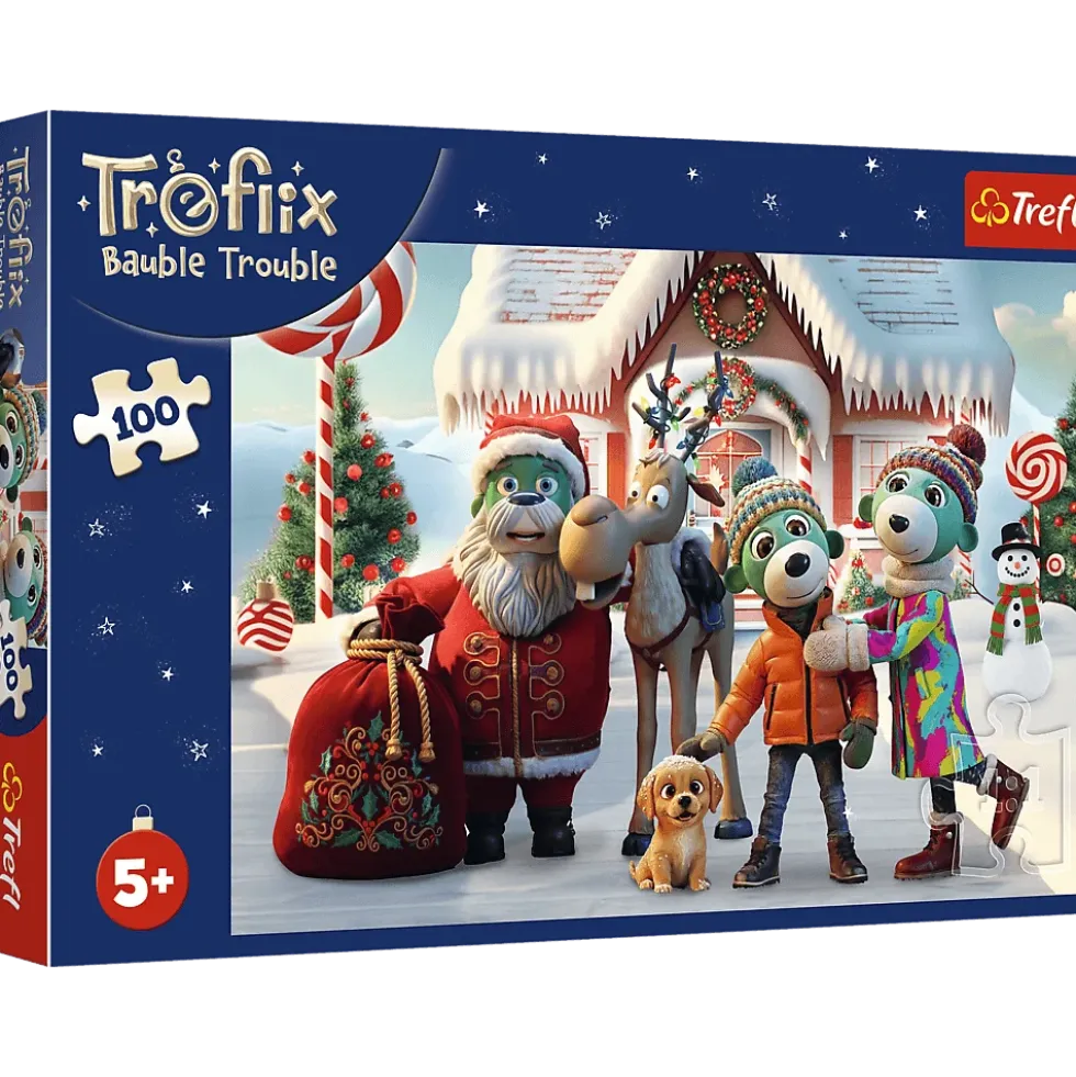 Puzzle 100 Rodzina Treflików - Mikołaj i renifer na ratunek