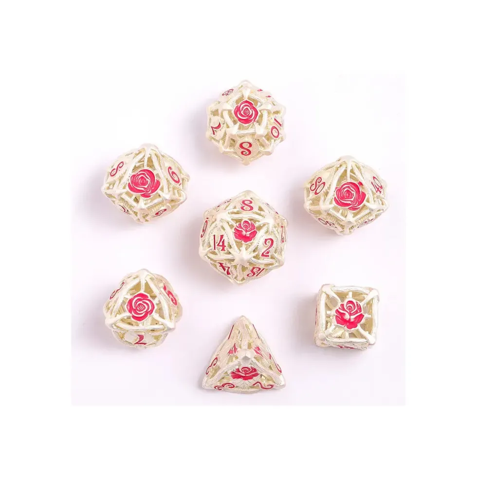 Zestaw kości: Hollow Rose Polyhedral Metal - Matt Silver w/Pink
