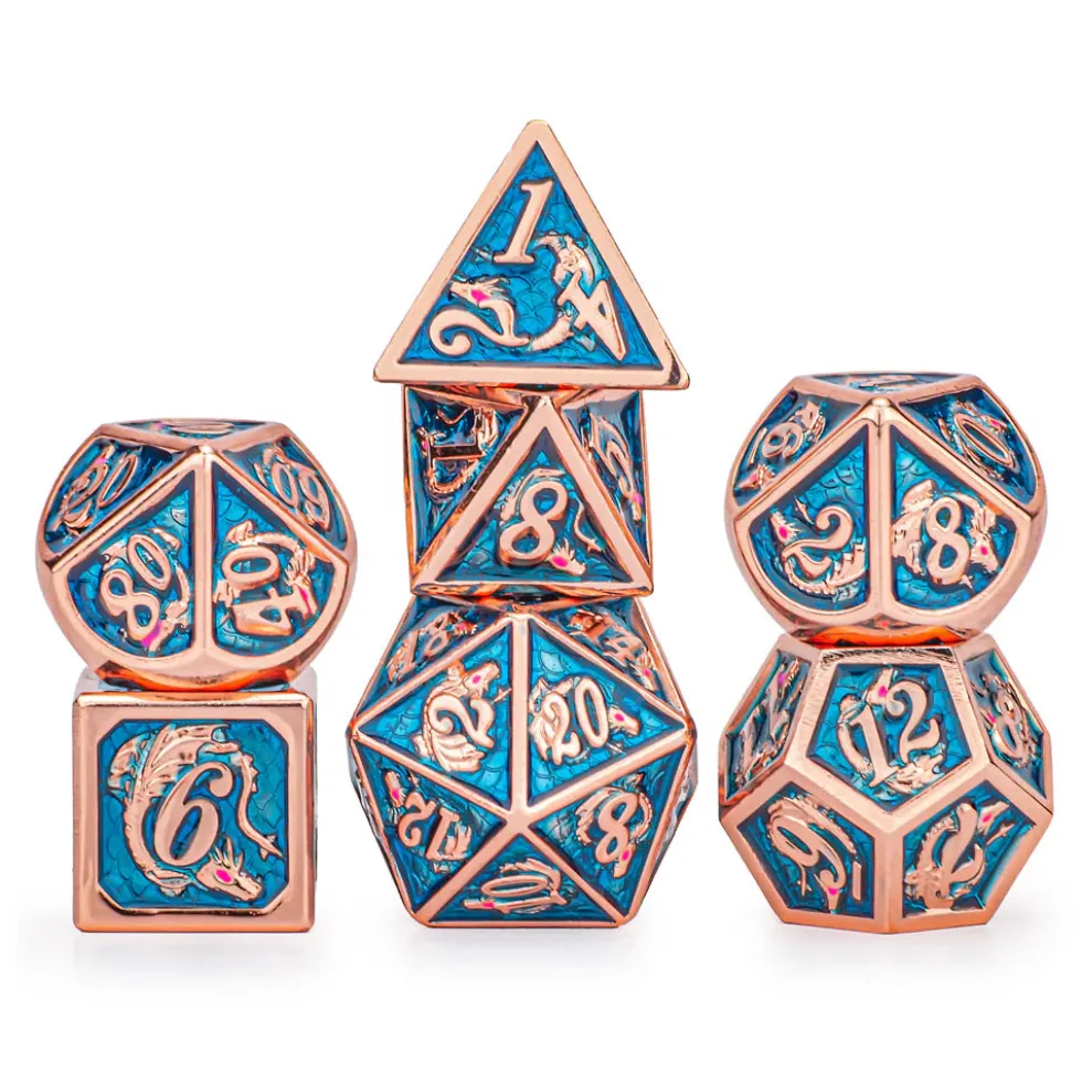 Zestaw kości: Solid Metal Dragon - Copper with Light Blue