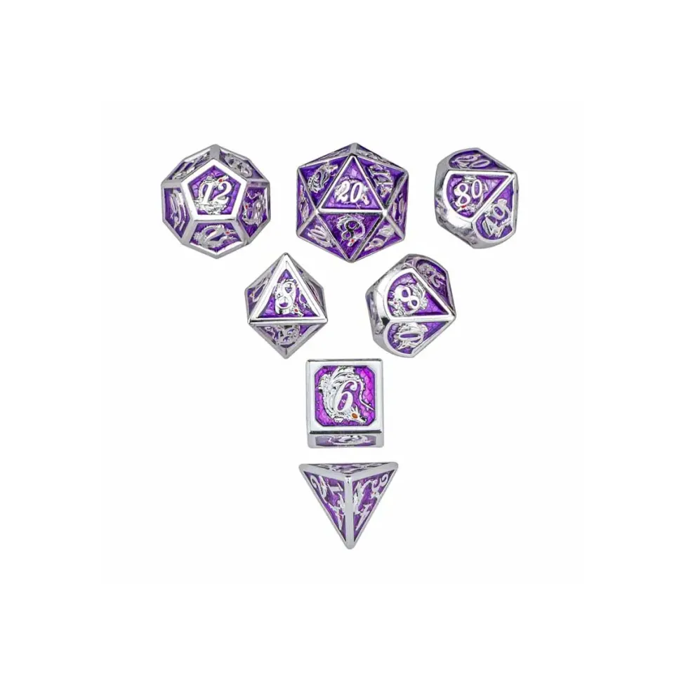 Zestaw kości: Solid Metal Dragon Polyhedral - Silver w/Purple