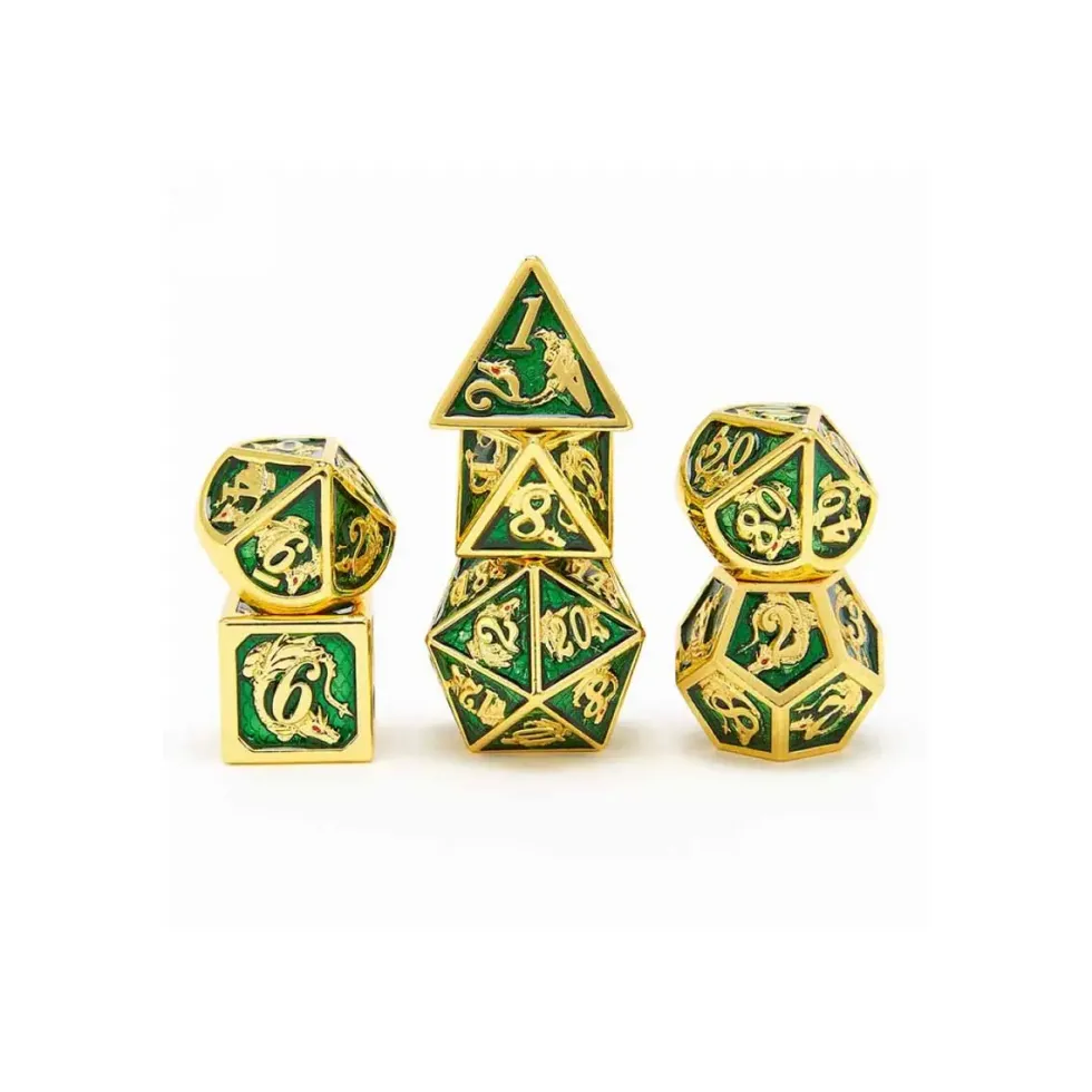 Zestaw kości: Solid Metal Dragon Polyhedral - Gold with Green